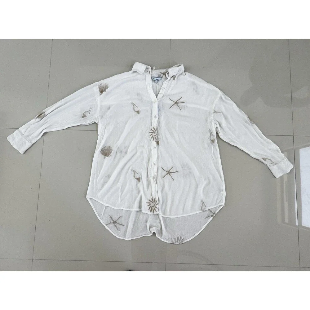Beach Swimsuit Cover Up Button Down Shirt Embroidered Shell Boho Vacation NEW L